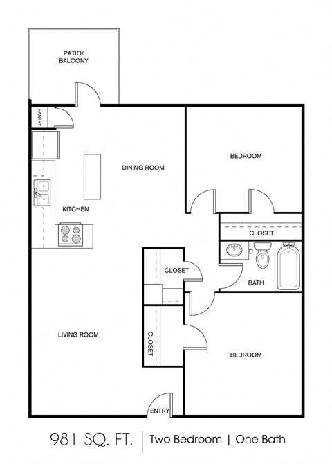 Floor plan for 2 beds, 1 bath, 981 sqft